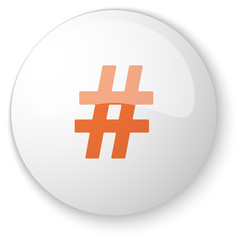 Glossy white web button with orange Hashtag icon on white backgr