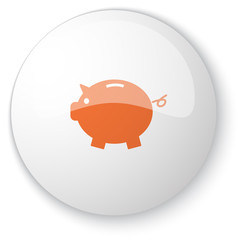 Glossy white web button with orange Piggy Bank icon on white bac