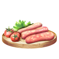 Raw sausage for barbecue with lettuce and tomatoes on a plate. Watercolor