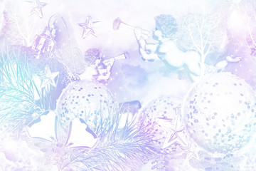 Christmas card. Angel and Christmas toys