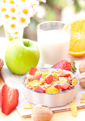 Breakfast with cereals, fresh fruit and milk