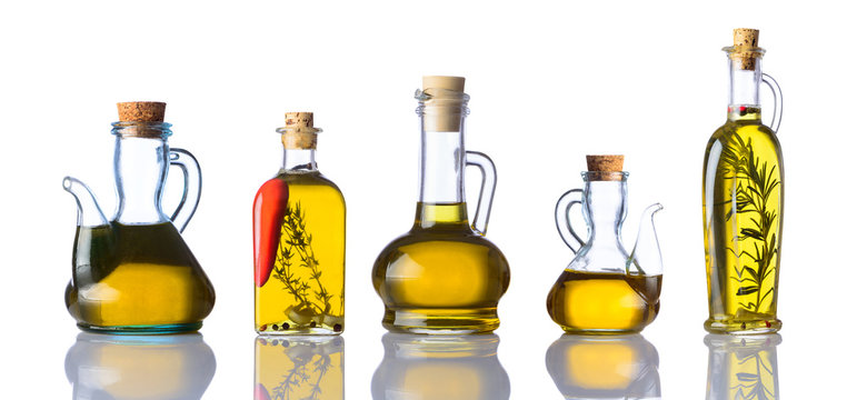 Bottles of Cooking Oils on White Background