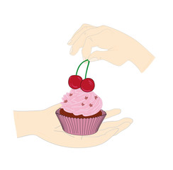 muffin on the hand with a cherry. vector illustration