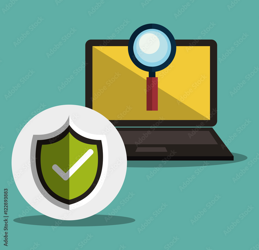 Poster laptop computer with magnifying glass and check shield internet security system. vector illustration