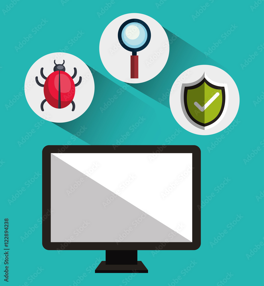 Poster monitor computer with informatic virus and alert security system icon set. colorful design. vector illustration