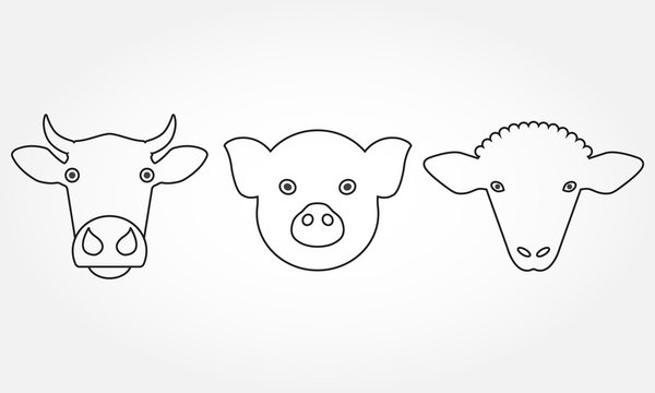 Farm animal outline icons set. Cow, pig and sheep head or face symbols isolated on white background. Vector illustration.