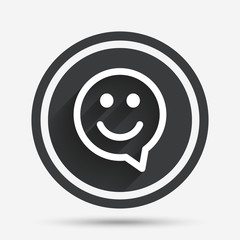 Happy face speech bubble symbol. Smile icon.