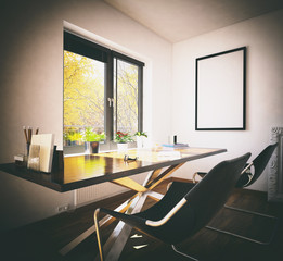 Desk and chairs facing window during spring