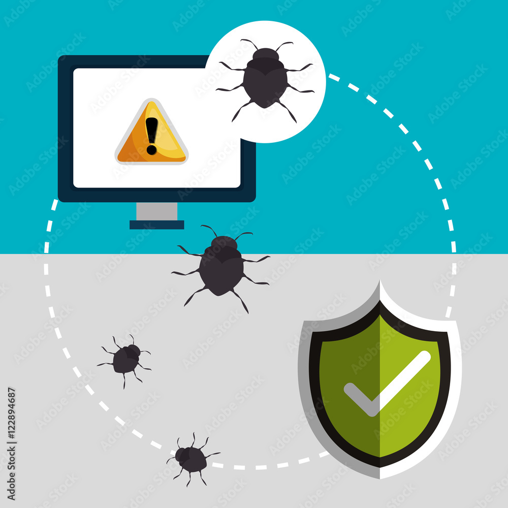 Poster monitor computer and virus alert internet security system. colorful design. vector illustration