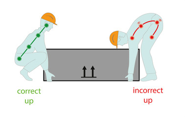 Correct posture to lift a heavy object safely. Health care vector illustration. - obrazy, fototapety, plakaty
