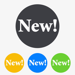 Icono plano texto New! en circulo varios colores