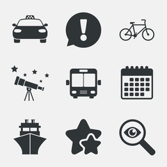 Transport icons. Taxi car, Bicycle, Bus and Ship.