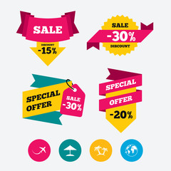 Travel trip icon. Airplane, world globe symbols.