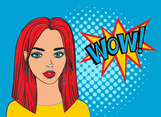 Pop art sexy woman with WOW bubble. Fashion, beautiful woman with red hair. Pretty face cartoon style. White pop art bubble for banner. Comic girl vector illustration on yellow background