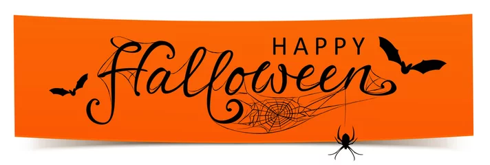 Foto op Canvas Happy Halloween - Banner mit kalligrafischen Schriftzug, Fledermäusen und Spinnennetz © Artenauta