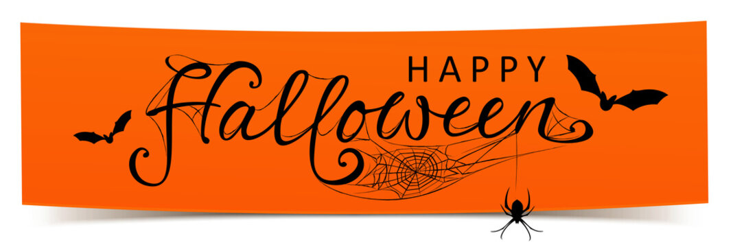 Happy Halloween - Banner mit kalligrafischen Schriftzug, Fledermäusen und Spinnennetz