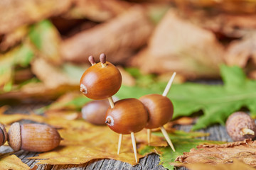 Small creature made of chestnuts and acorns. Autumnal decoration