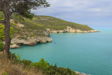 Apulia coast. Gargano National Park: Baia di Campi beach,Vieste-ITALY-In the distance bathers...