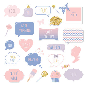 Cute hand drawn speech bubbles and frames with hand written words. Girly stickers set with gold glitter. Happy Birthday, Thank You, Good Morning, Welcome and Hello lettering.