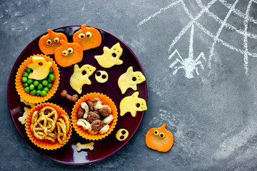 Creative idea for Halloween snack top view, fun Halloween food