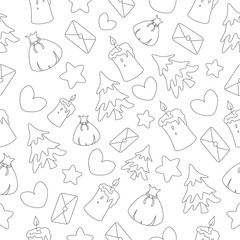 Seamless pattern of black contours for a Christmas theme.