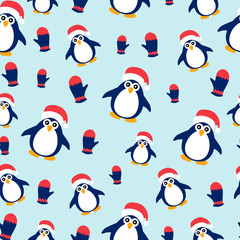 Penguins and mittens on a blue background.
