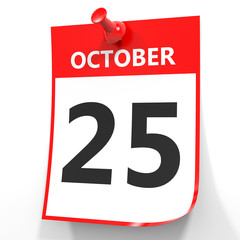 October 25. Calendar on white background.