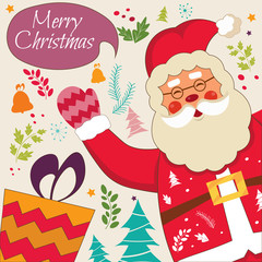 Happy New Year and Merry Christmas vector card with funny Santa Claus.