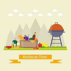 Fototapeta premium Fruit, wine, barbecue, picnic grill, watermelon on the grass set. Summer time on meadow. 