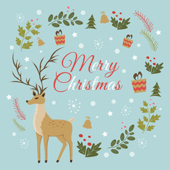 Happy New Year and Merry Christmas vector card with funny Santa Claus Deer.