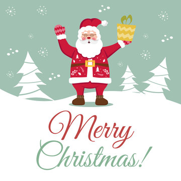 Happy New Year and Merry Christmas vector card with funny Santa Claus.