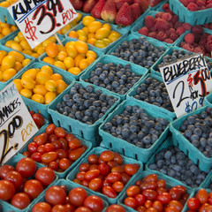 Fruits and vegetables for sale at a market stall, Pike Place Mar