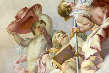 Angels with an hat. Fresque de Johann Michael Rottmayr sur la coupole de l'Eglise Saint-Charles Borrom&eacute;e &agrave; Vienne. Karlskirche. St. Charles's Church. Autriche.