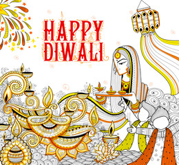 Burning diya on happy Diwali Holiday doodle background for light festival of India