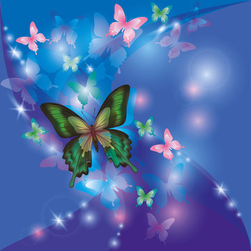 Bright glowing abstract background blue - violet with butterflie