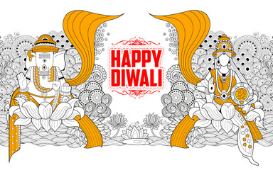 Goddess Lakshmi and Lord Ganesha on Happy Diwali Holiday doodle background for light festival of India