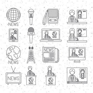 News silhouette icon set. News media communication broadcasting theme. Texture background. Vector illustration