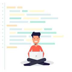 Young developer sitting with a laptop on the background of program code. Happy man. Isolated vector illustration in flat style