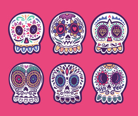 Set of six vector skulls. Mexican holidays collection