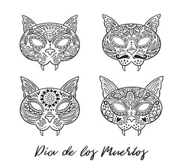 Set of cat sugar Mexican skulls. Vector illustration