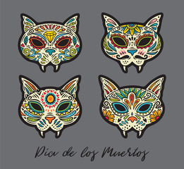 Greeting card with sugar skull cats. Traditional holiday in Mexico.