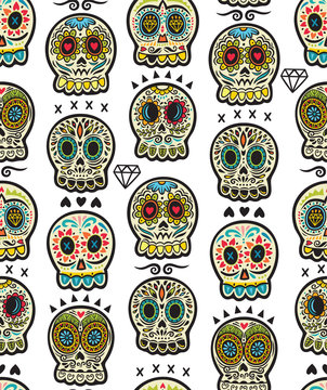 Seamless pattern with sugar skulls. Mexican Day of the Dead