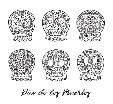 Day of the dead sugar skulls vector set. Mexican holidays
