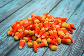 Candy Corn Isolated on a Blue Wooden Surface