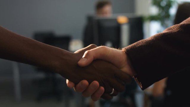 Two business partners handshaking after successful agreement.