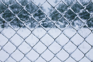 wire fence and snow. wire mesh fence in the snow. texture, background