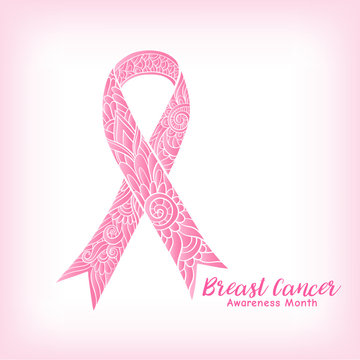 Breast cancer awareness month decorative pink ribbon. Stock line