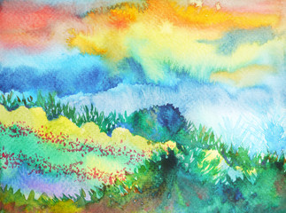 abstract mountain watercolor painting landscape hand drawn design