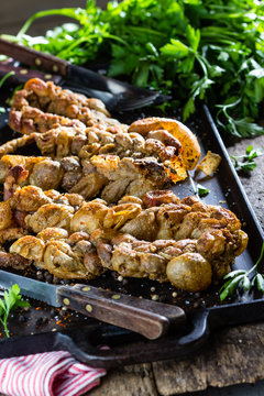 Roasted chunchules. Typical Latin American Chilean and argentina food.
