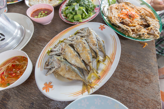 Fried mackerel on wood table,Thailand food